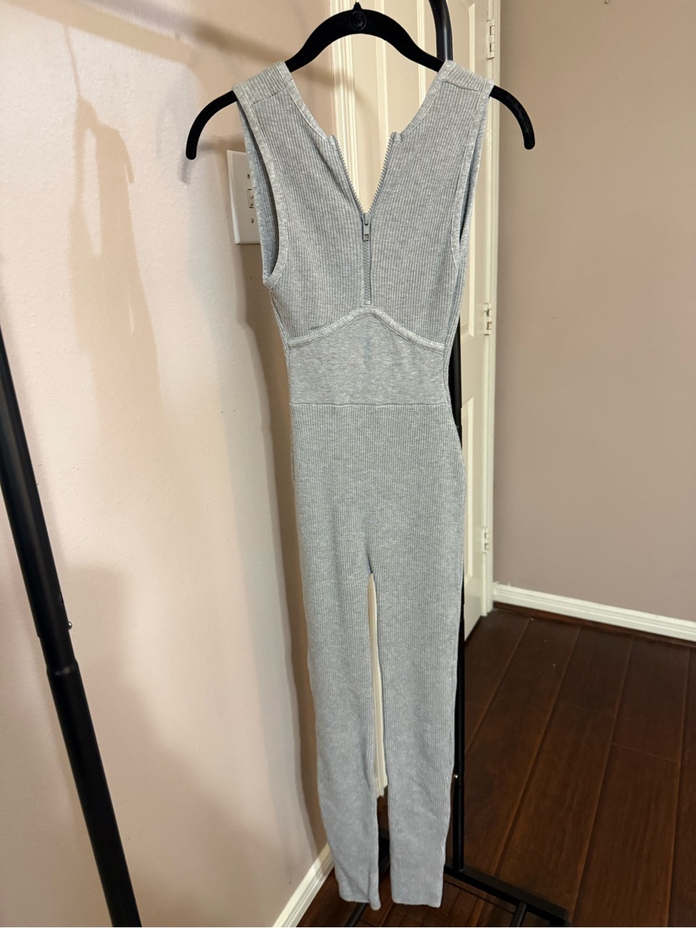 Fashion Nova Light Gray Ribbed Sleeveless Jumpsuit with Front Zip